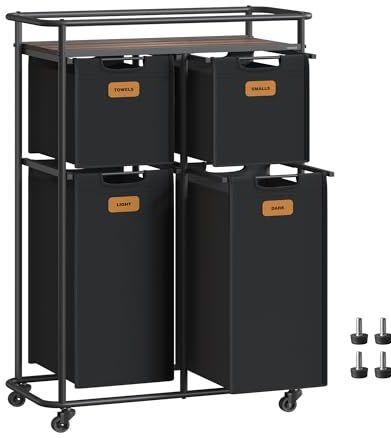 VASAGLE Wasmand 4 vakken met plank, inktzwart-kastanjebruin RLS100B01