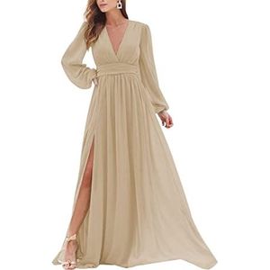 Lange Mouwen Dubbele V-hals Prom Jurk Chiffon Ruches Formele Avondjurk met Split voor Vrouwen, Champagne, 36