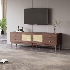 Luxe Tv-Meubel 180cm – Donkere Houtlook met Rotan Deuren