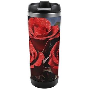 FZQVSGW Reiskoffiemok 455 ml roestvrij staal geïsoleerde romantische rode rozen koffiemok duurzame reiskoffiekop herbruikbare geïsoleerde beker met deksel voor ijs en warme dranken