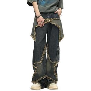 Sawmew Dames Patchwork Jeans Denim broek Hoge taille Stretch Cutoffs Distressed Stretch Baggy Jeans Retro Vintage Y2K E-Girl Kleurenblok Flared Jeans Jaren 90 Indie Esthetisch Doek (Color : Blue, Si