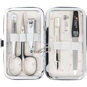 DREI SCHWERTER - Germany 6-dlg. Manicure Set 'Catania' nagelset met huidschaar, nagelknipper, pincet, saffier nagelvijl, glazen nagelvijl, nagelreiniger in frame etui - struisvogel imitatie beige