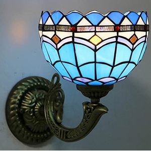 Tiffany Grote Mediterraan Blauw Gebrandschilderd Glas Wandlamp In Tiffany Stijl, Ontworpen Met Een Retro Missie In De Slaapkamer Gang