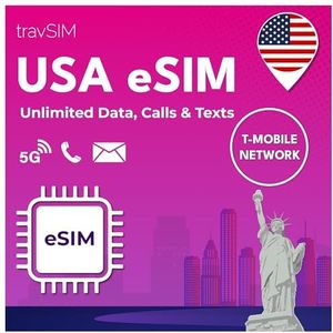 travSIM USA eSIM | T-Mobile netwerk | Onbeperkt data, bellen en sms'en in de VS | e SIM America werkt op eSIM-compatibele iOS- en Android-apparaten | e SIM-kaart VS 07 dagen