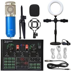 Geluidskaartset, Microfoon Ring Fill Light Statief Mic Kit Met Live Geluidskaart Draadloze Karaoke Professionele Studio Condensator Microfoon(Blue BM900 LED)