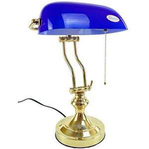 Statuslamp met kettingaansteker, tafellamp in amerische stijl van gepolijst messing glas blauw lm7 Afmetingen: H 38 cm, L 26 cm, Ø basis 15 cm, diepte 17 cm, lamphouder E27