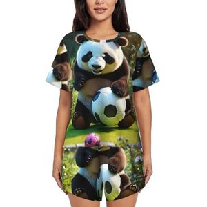 Panda Print Dames Zomer Zachte Tweedelige Bijpassende Outfits Korte Mouw Pyjama Lounge Pyjama Sets, Zwart, 4XL
