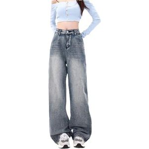 Vintage gewassen jeans voor vrouwen casual wijde pijpen broek hoge taille volledige lengte rechte broek blauw XL