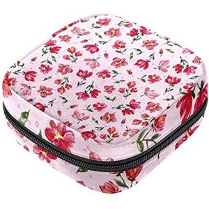Rode Kleine Bloemen Maandverband Opbergtas Menstruatie Pad Tas Draagbare Menstruatie Cup Pouch met Rits voor Tiener Meisjes Vrouwen Dames