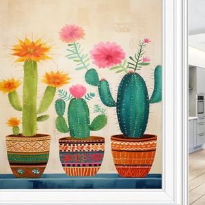 AEMYSKA T Abstracte cactus raamfolie, decoratieve cartoonplanten, kleurrijke bloemen, glas-in-loodfolie, zonwerend, warmteregulerend, geen lijm, raambedekkende folie voor thuiskantoor, 70 x 120 cm