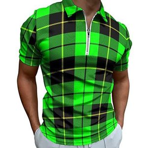 Groene Geruite Half Zip-up Poloshirts Voor Mannen Slim Fit Korte Mouw T-shirt Sneldrogende Golf Tops Tees 5XL