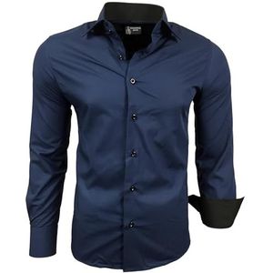 Subliminal Mode: Gemakkelijk te strijken herenoverhemd, met tweekleurige kraag, effen, lange mouwen, smalle pasvorm, zakelijk, cadeau-idee, Kerstmis, valentijnsdag, RN44, Navy Blauw, XL