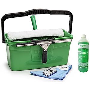UNGER Pro 5-in-1 complete set met vloeibare glasreiniger 1 l (voor de professionele reiniging van glazen/glas, inclusief raamwisser, raamwisser, microvezeldoek + accessoires, streepvrij) AKG16 + FR100