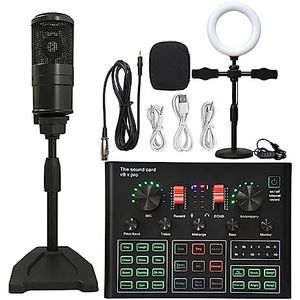 Geluidskaartset, Professionele Studio Condensator Microfoon Bundel WXH1000 Mic Kit Met Live Geluidskaart Draadloze Karaoke(Black K16 LED)