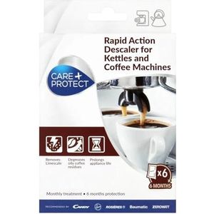 Care + Protect ontkalker voor koffiezetapparaat en waterkokers, universeel, verwijdert kalkaanslag en resten van koffie en thee, 6 enkele zakjes poeder