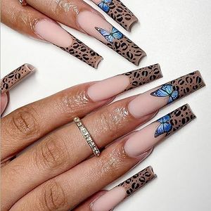 Coffin False Nails Long Fake Nails Wave Line Press on Nails Bellarina Acrylic Stick on Nails 24pcs for Women and Girls(Leopard)