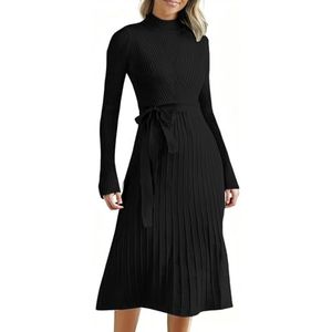 UPPJPBSW Dames Strakke Gebreide Midi Sweaterjurk met Ribbels, Coltrui en Lange Mouwen, A-Lijn met Riem, Elegant voor Dagelijkse Casual Gelegenheden,zwart,L
