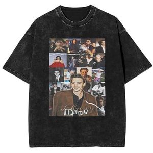 Johnny Actor Depp T-shirt Washed Vintage Shirt Print Ronde hals Tops Tee Korte Mouw T-shirt voor Mannen, Vrouwen, 5 Maten, Zwart, M