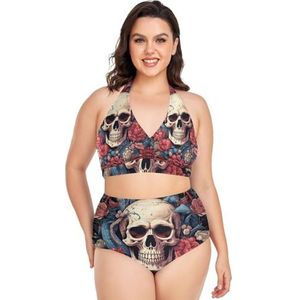 Suiker Schedel Skelet Snake Bloemen Vrouwen Bikini Sets Plus Size Badpak Twee Stukken Hoge Taille Strandkleding Meisjes Badpakken, Pop Fashon, XXL