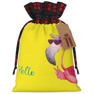 Hello Bril Flamingo Gedrukt Herbruikbare Kerst Trekkoord Gift Bag Voor Cadeaus, Kerstfeest, Vakantie Decoraties (S/M)