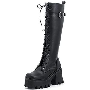 SYDZSW Hoge enkellaarzen voor dames, zwarte veterlaarzen met platform en dikke hak, gesp, motorlaarzen van kunstleer, gothic, punk, voor dagelijks gebruik en feest, Zwart, 42 EU