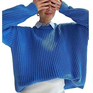 Sawmew Dames winter effen kleur trui Basic O-hals lange mouw elegante pullover gebreide trui (Color : Blue, Size : M)