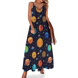 Space Planet Zomerjurk voor dames, maxi-jurk, V-hals, mouwloos, spaghettibandjes, lange jurk