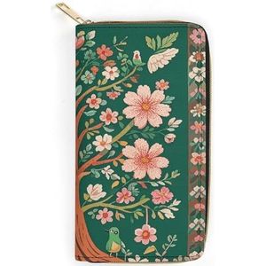 QWNMD Lederen portefeuilles voor vrouwen, groene levensboom bedrukte portemonnee portemonnee kaarthouder met rits lederen clutch portemonnee, groene levensboom, 19,8 x 10,4 x 3,6 cm, modern, Groene