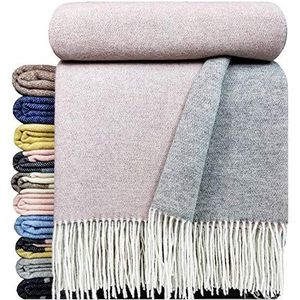 STTS International Kasjmier deken wollen deken 100% merinowol - kasjmier - mix 140 x 200 cm zeer zachte plaid knuffeldeken Faro (roze-grijs (dubbelzijdig))