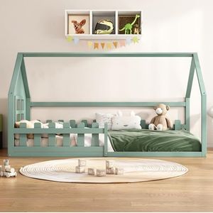 Moimhear Kinderkamerbed, met stevige lattenbodem voor valbeveiliging, massief houten kinderkamerbed, plat bed, 90 x 200 cm, zonder matras (groen)