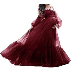 AHERKLL Puffy Tule Robe Zwangerschap Jurk Voor Fotoshoot Sheer Lange Lingerie Baby Shower Zwangerschap Fotografie Dressing ZM017, Bordeaux, 32