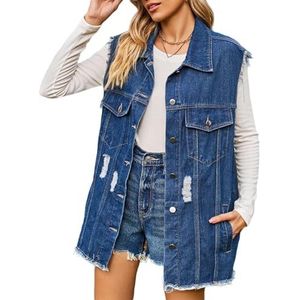 Denim vest voor dames, halflang, jeansvest, oversized casual klassiek mouwloos spijkerjack met knopen, lang vest voor vrouwen met zakken, Blauw, M