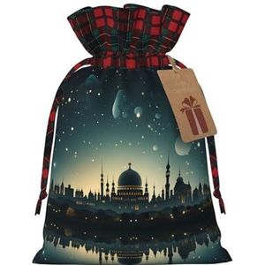 BTCOWZRV Kerst Linnen Gift Wrap Tassen Een moskee met maan en sterren Herbruikbare Gift Wrapping Sack Xmas Candy Zakken met Dubbele Trekkoorden Xmas Tas voor Candy Wrapper Kerstfeest