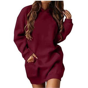 Lemoiitea Casual sweatshirtjurken met lange mouwen en capuchon voor dames, modieuze effen kleur, bodycon-jurk, pulloverjurk met zak, dames, herfst, lange jurk, trainingsjurken, Rood, XXL