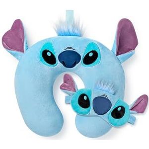 Disney Lilo & Stitch Reiskussen & Slaapmasker Set | Blauwe Bontachtige Nek Kussen & Slaapmasker voor Dames & Meisjes | Bijpassende Reisset met 3D Oren voor Volwassenen & Tieners