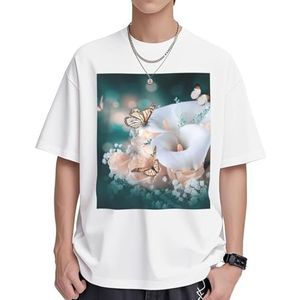 Katoenen T-shirts voor dames met bloemen- en vlinderprint, casual tuniek, korte mouwen, ronde hals, zomer, basic, losse pasvorm, Wit, S