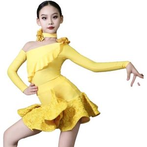 Omfpafeu Meisjes Latijns-Amerikaanse dansjurk met lange mouwen schuine kraag dansrok Rumba Tango Salsa Cha Cha-optreden wedstrijdkostuum,Geel,110