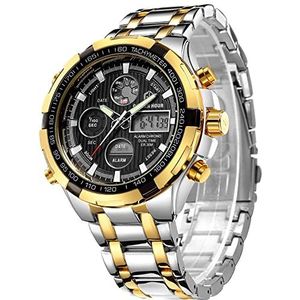 GOLDEN HOUR Luxe roestvrijstalen Analoge Digitale Horloges voor Mannen Mannelijke Outdoor Sport Waterdichte Grote Zware Horloge, 3-tone Sliver/Goud/Zwart, big