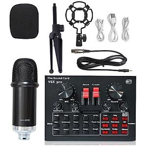 Geluidskaartset, Draadloze Karaoke Microfoon Statief WXH1000 & BM900 USB Geluidskaart V8XPRO Professionele Studio Condensator Microfoon for PC Telefoon MIC(Black BM900 V8XPRO)