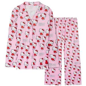 Hello Kitty Pyjama voor vrouwen, tieners, lange klassieke pyjama met knopen, zacht, ademend, kawaii, nachtkleding, loungewear, comfortabele jammies, nachtkleding, anime-geschenken, roze, L