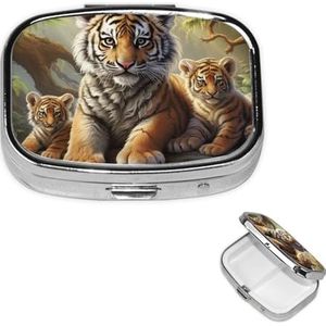 Rechthoekige pillendoos met 3 compartimenten jungle tijgers welp pillenorganisator waterdichte medicijnorganisatordoos voor reizen, metalen pillencontainers voor medicatieplanner
