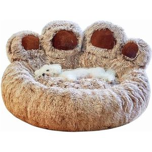RUYICZB Bear Paw Shape Pet Round Bed, Calming Donut Dog Bed Anti Anxiety, Self Warming Faux Fur Cat Bed Long Plush Pet Sofa, Comfy And Cosy Doggie Bed Wasbaar Met Bolster,Bruin,M