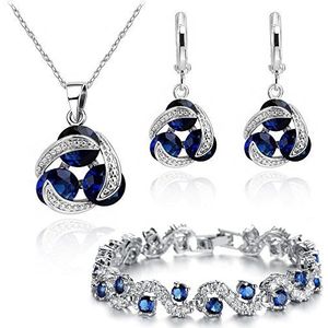 Crystalline Azuria - Damesset - 18 Karaat Witgoud Verguld - Hangende Oorbellen en Armband met Blauwe Kristallen in Saffierlook