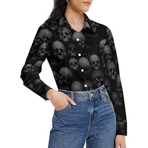 Zwarte doodshoofd damesshirt met lange mouwen button down blouse casual werk shirts tops M