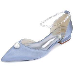 EICOFF Vrouwen Puntige Teen Flats Pumps Dames Lage Hak Satijn Enkelband Bruids Bruiloft Schoenen Parel Jurk Dress Pompen Sandalen,Zilver,36 EU