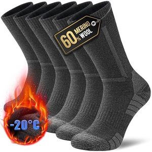 YESWEL Merino Wandelsokken Heren & Dames 3 Paar, 60% Merinowol Thermosokken 43-46, Outdoor Merino Sokken Met Demping Voor Trekking en Sport Donkergrijs