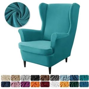 Fluwelen vleugelstoelhoezen Stretch Wingback fauteuilhoes met zitkussenhoes Elastische effen kleur fauteuil hoes-Turquoise blauwe hoes