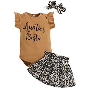 KONFEN 3-delige babyset voor pasgeborenen, zomerkleding, korte mouwen, rompertje + rok + hoofdband voor meisjes, 3-24 maanden (bloemen/luipaardprint), Luipaardpatroon, 3-6 Maanden