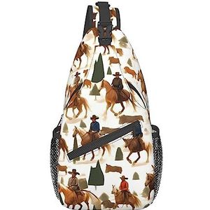 Leuke grote bruine cartoon uilen print schoudertas, crossbody sling rugzak, sling tas borsttas, dagrugzak voor vrouwen mannen reizen wandelen, Cowboy Ride Paard, Eén maat