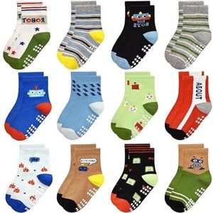 Yafane 12 paar antislip sokken voor jongens en meisjes, uniseks, klein katoen, schattig, met manchetten, antislip, voor baby's, Veelkleurig 9, 3-5 Jaar
